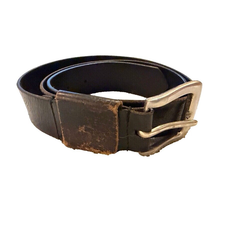 Men’s Grunge Genuine Black Leather Belt Sz L 1.25” Wide Distressed Silver Buckle